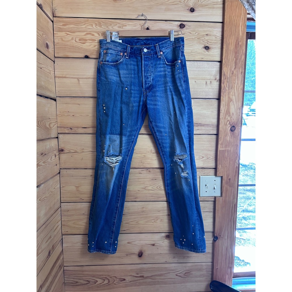 Levis 501 54 Mens Studded Distressed‎ Straight Leg Jeans Blue W32 L32 A4677-0013